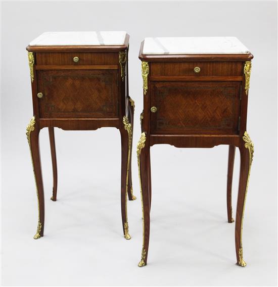 A pair of French Louis XVI style ormolu mounted kingwood bedside tables, W.1ft 4in.